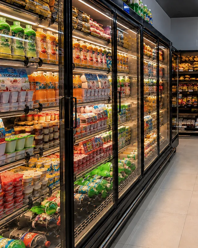 Expositores refrigerados de laticínios e bebidas do RioFrios Supermercado