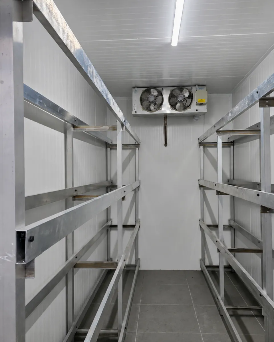 Interior de câmara para congelados com estantes e evaporador