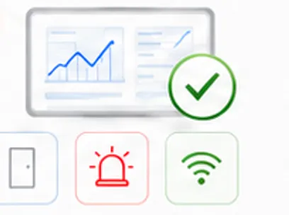 Painel com gráfico, check verde e ícones de status