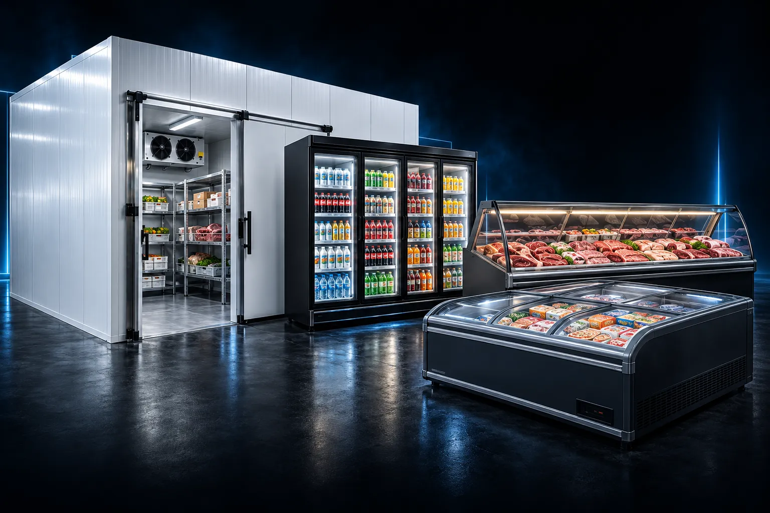 Câmara fria, expositor vertical de bebidas, balcão refrigerado e ilha refrigerada em ambiente comercial