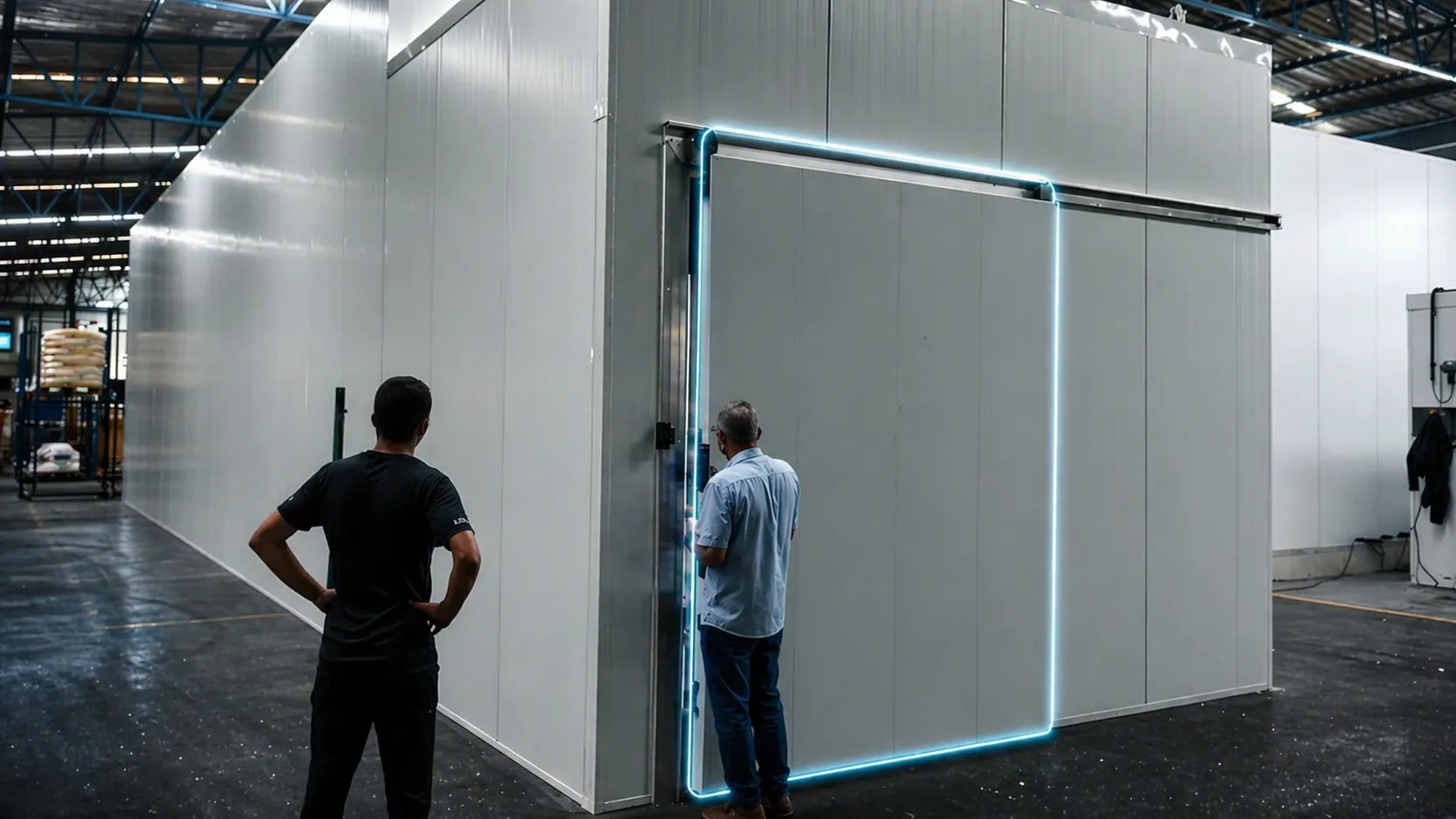 Técnicos avaliando uma câmara fria comercial em ambiente industrial
