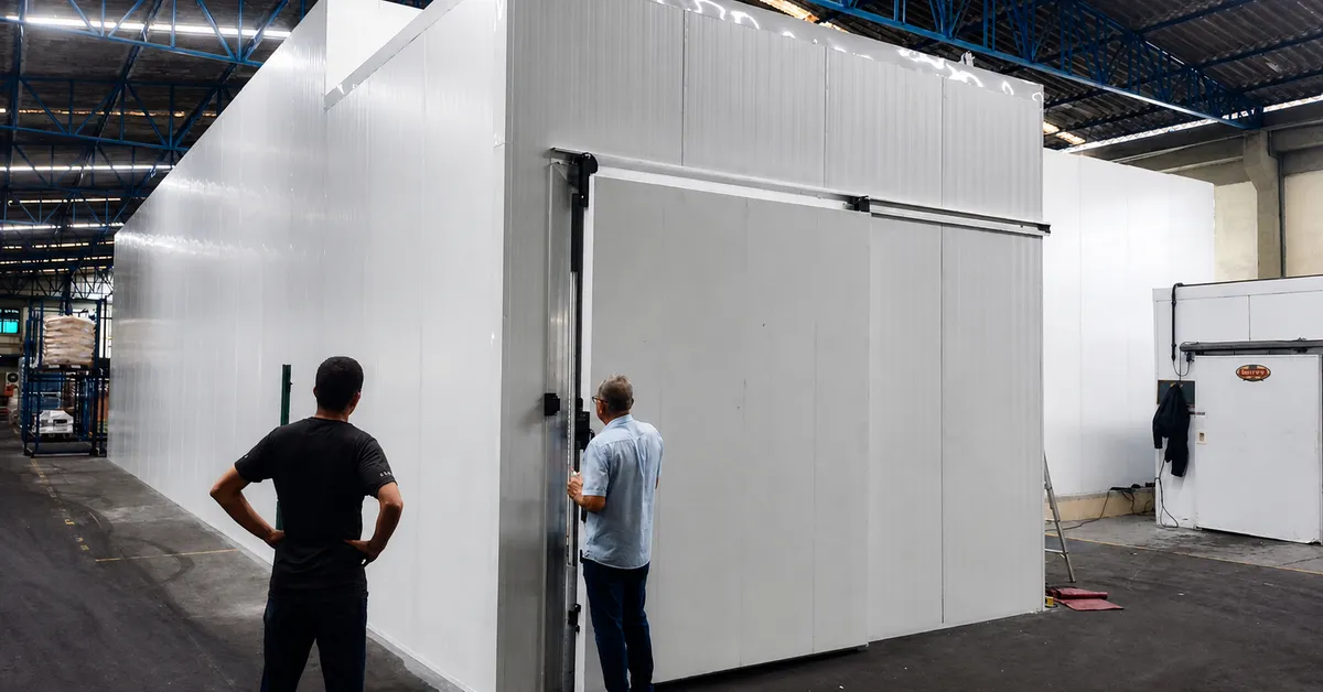 Câmara fria da obra Refrigerantes Convenção, com dois técnicos diante da porta principal